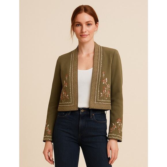 BCBGMaxAzria Jackets & Blazers - BCBGMAXAZRIA Green Embroidered Cropped Jacket XS Boho Open Blazer Cottage Boho